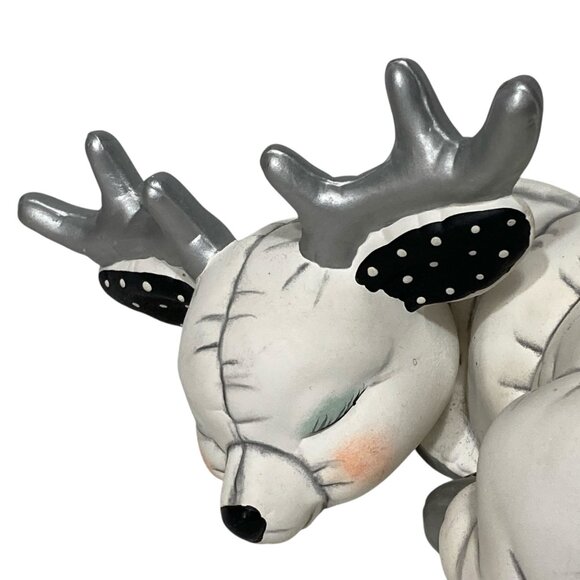 Ceramic Sleeping Baby Reindeer Figurine Antlers Polka Dot Holiday Decoration - Picture 2 of 7